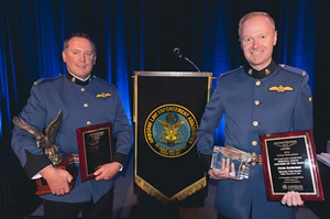 Constables Tyler Tebbutt and Chris Anderson with the ALEA Captain ‘Gus’ Crawford Memorial Airborne Crew of the year award.